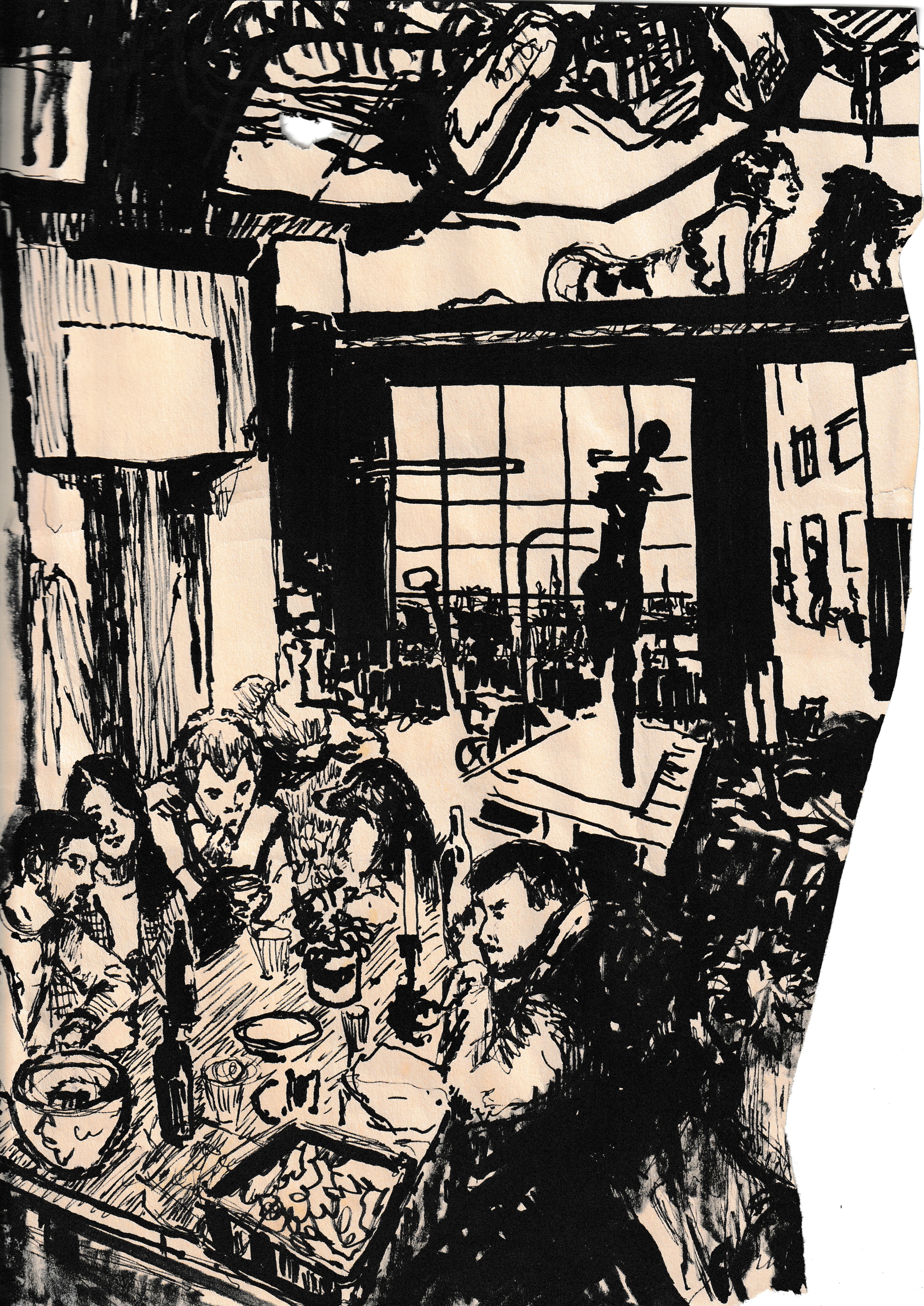 Schwarz-weiße Tuschezeichnung einer belebten Barsituation mit Figuren und architektonischen Details aus der Serie Pensieri von Matilde Romagnoli 
